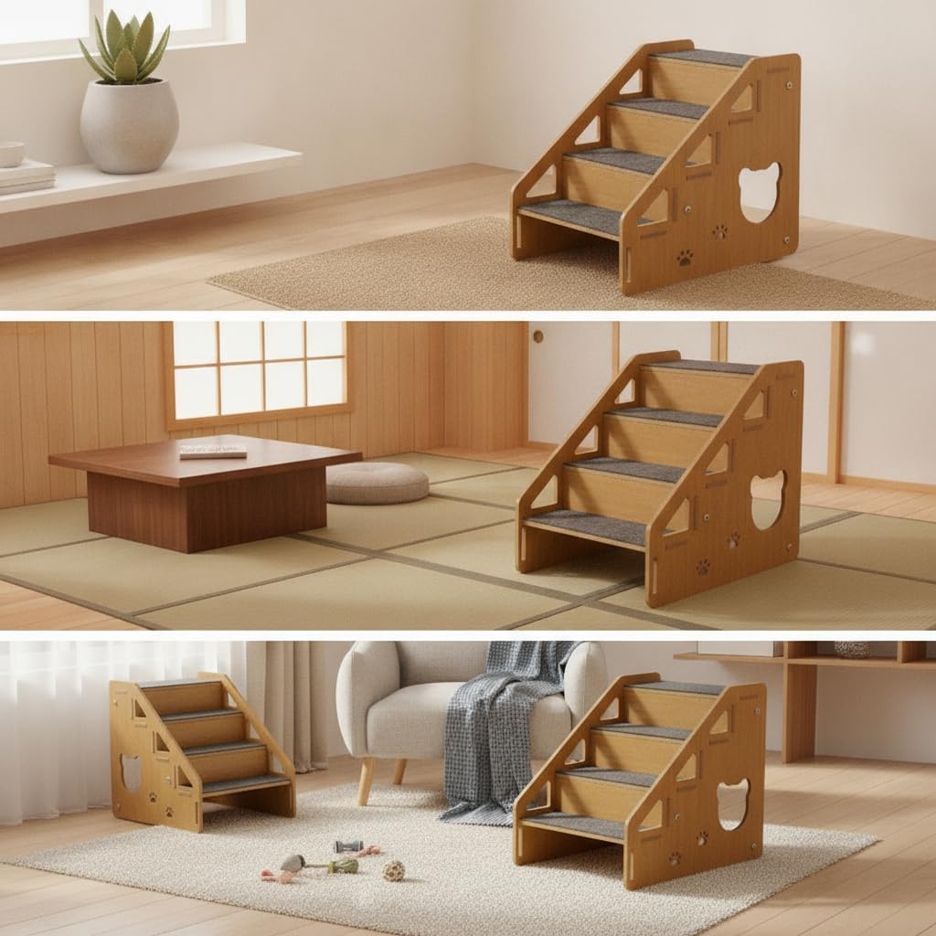 Scaletta per Gatti in Legno, Costruzione in legno, Scaletta pieghevole, al davanzale, Per proprietari di cani, style to 3