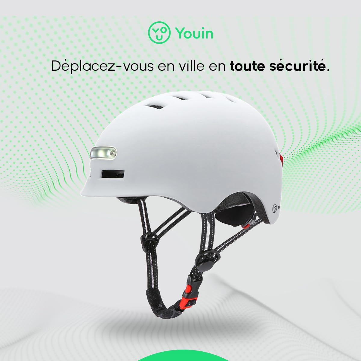Youin Casque homologué avec LED Avant et arrière - Couleur Blanche - Taille L (55-62 cm) - Protection et visibilité pour trottinettes et vélos - Ventilation réglable - Design léger et Ergonomique