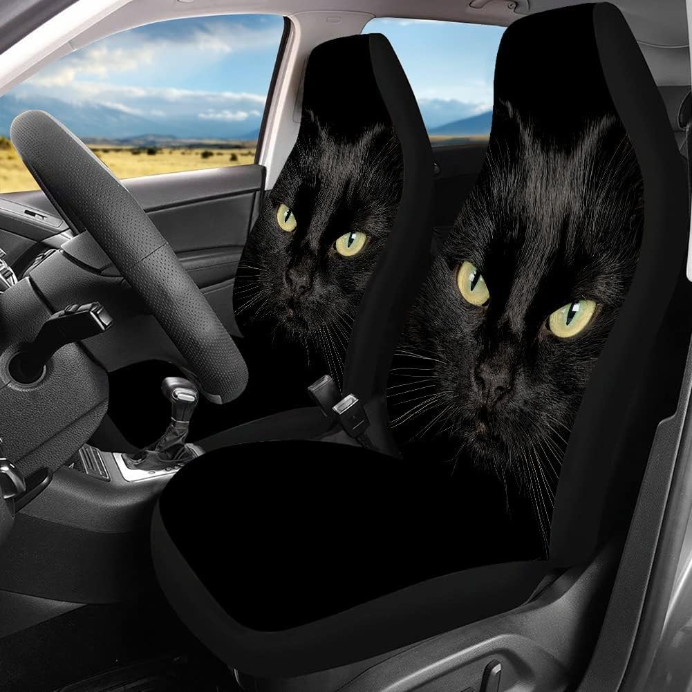 chaqlin Animal Black Cat Print Auto Vordersitzbezüge + Rückenschaufelsitzschutz Kompletter Satz von 4 Stück für Damen Herren Modisches Autozubehör