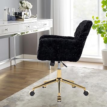 HomVent Fluffy Desk Chair Pink Faux Fur Vanity Chair Adjustable Swivel Computer Chair on Wheels Height Adjustable Cute Desk Chair for Makeup Room Teen Girls Bedroom Home Office (Black P)