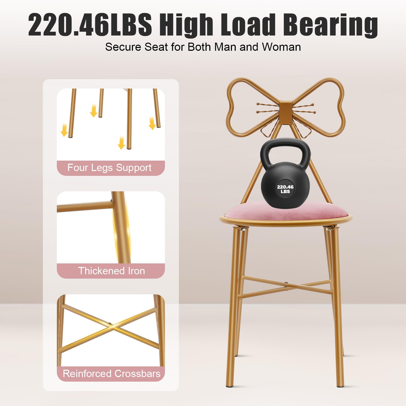 Schminkhocker Samt Rosa, Schminkstuhl mit Schleifen-Rückenlehne, Weich Gepolsterter Sitz & Stabile Metallbeine, Dekorativer Samthocker für Schminktisch, Schlafzimmer & Ankleidezimmer
