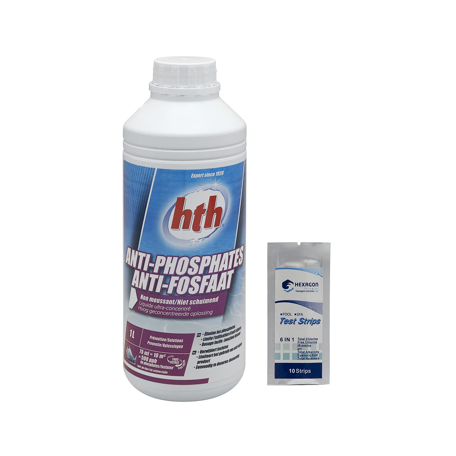 HTH Anti-PHOSPHATES Liquide - 1L | Elimine des Phosphates - Ultra Concentré + 10 Tests HPS OFFERTS 6 en 1
