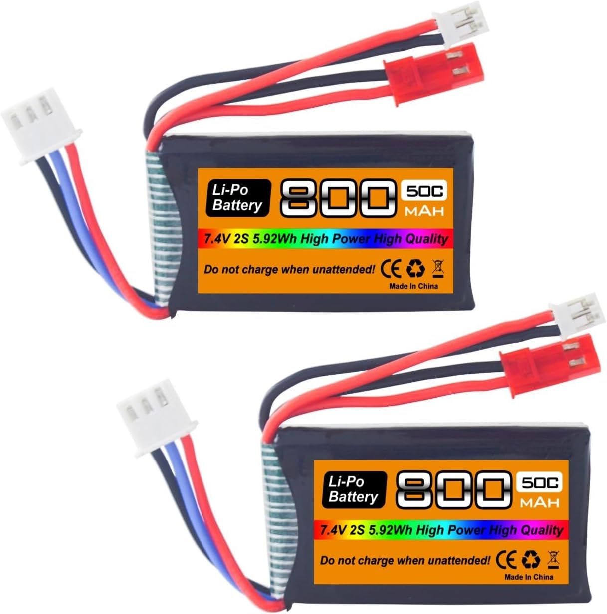 Fytoo 2PCS 7.4V LiPo 2S 50C 800mAh with JST and PH2.0 plug