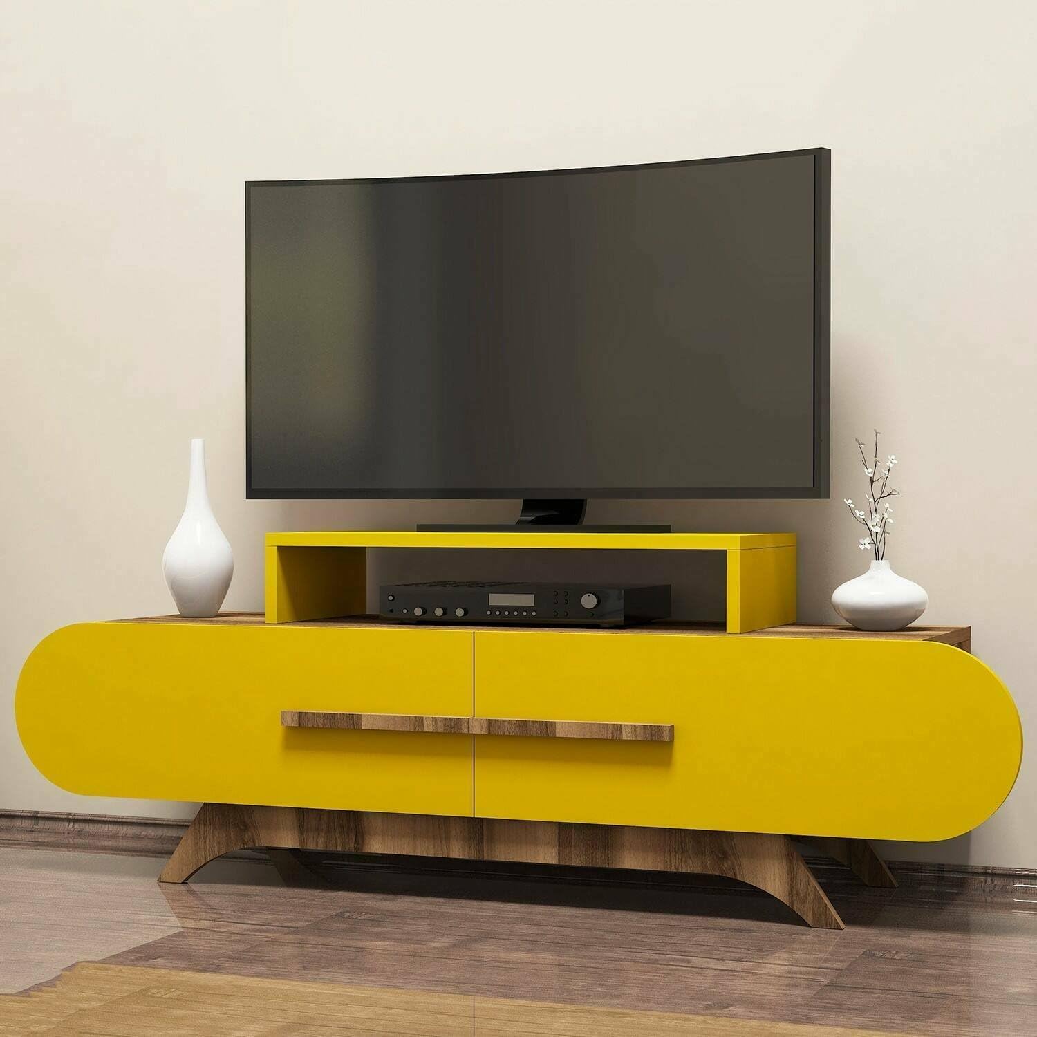Dmora - Mobile Porta TV Praesepe, Credenza da Soggiorno, Armadio Basso per TV, Base Parete attrezzata, 145x37 h50 cm, Noce e Giallo