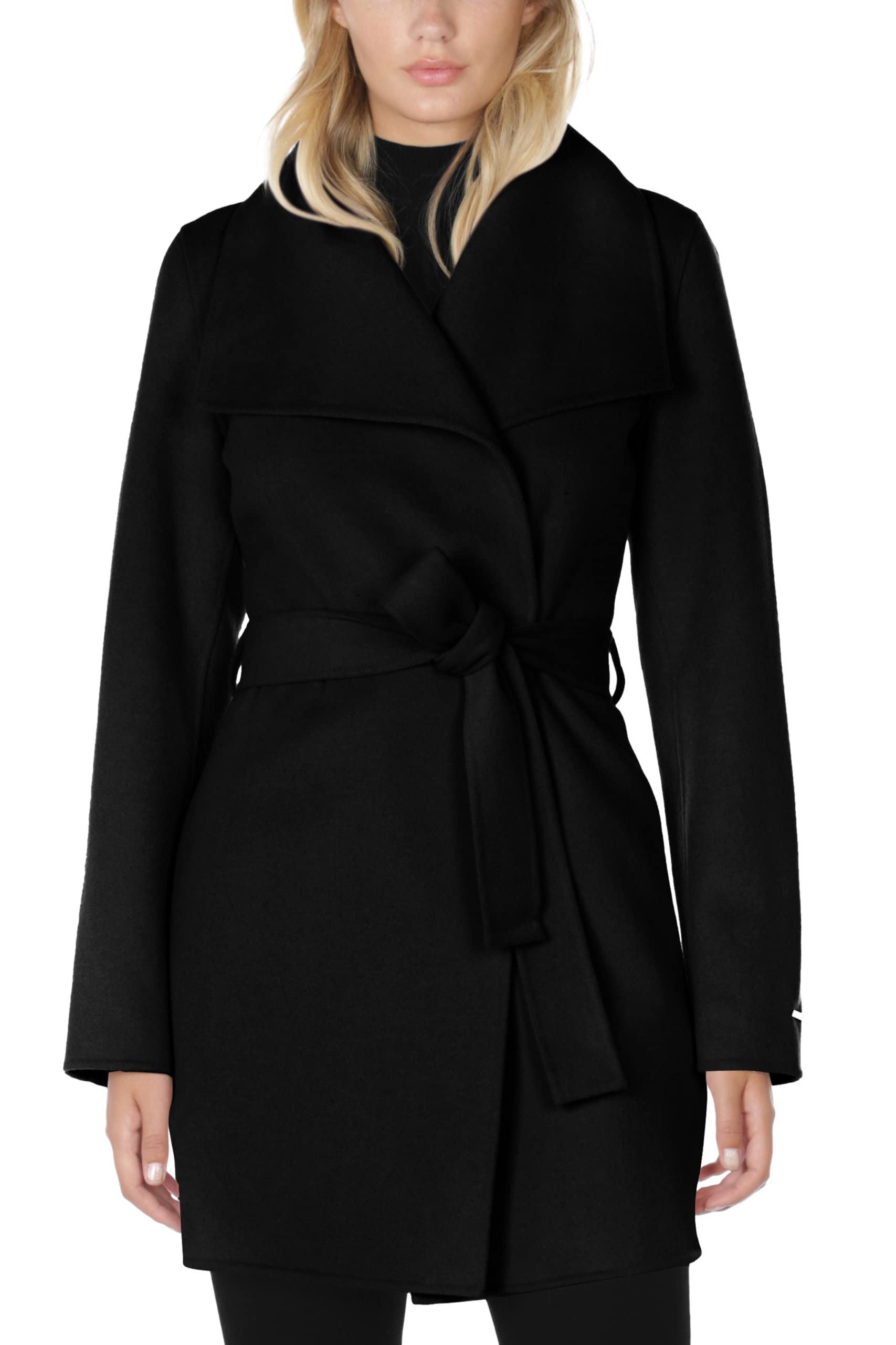 TAHARI Women's Lightweight Wool Wrap Coat with Tie Belt