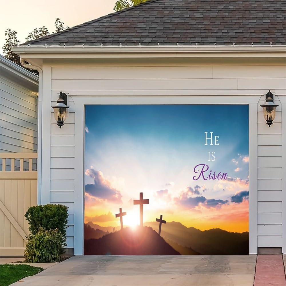 Leyiyi 7x16ft Easter Garage Door Decorations Banner He is Risen Backdrop Jesus Christ Cross Sunrise Garage Backdrop for Easter Church Sanctuary Decor Spring Home Outdoor Wall Decor