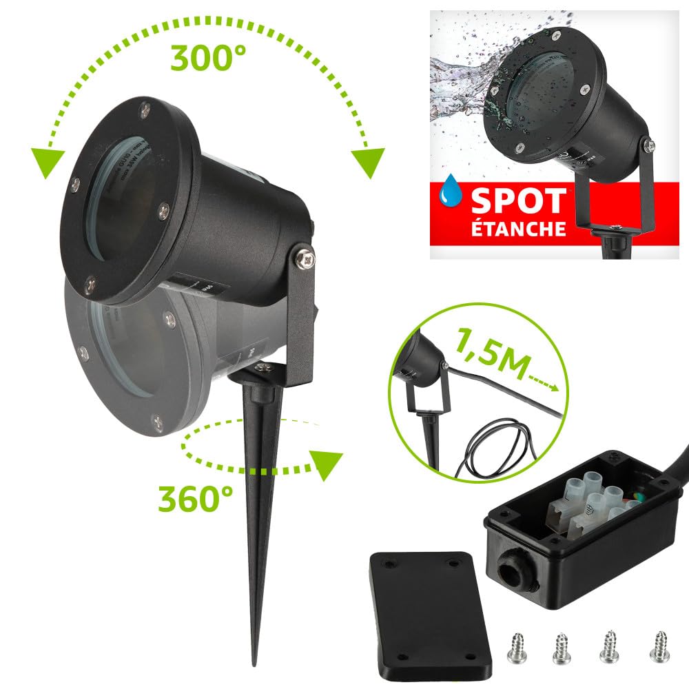 Spots extérieurs avec piquet X6 - Pour Ampoule LED GU10 - Câble 1m50 - Éclairage de Jardin à piquer - Orientable - Étanche IP65