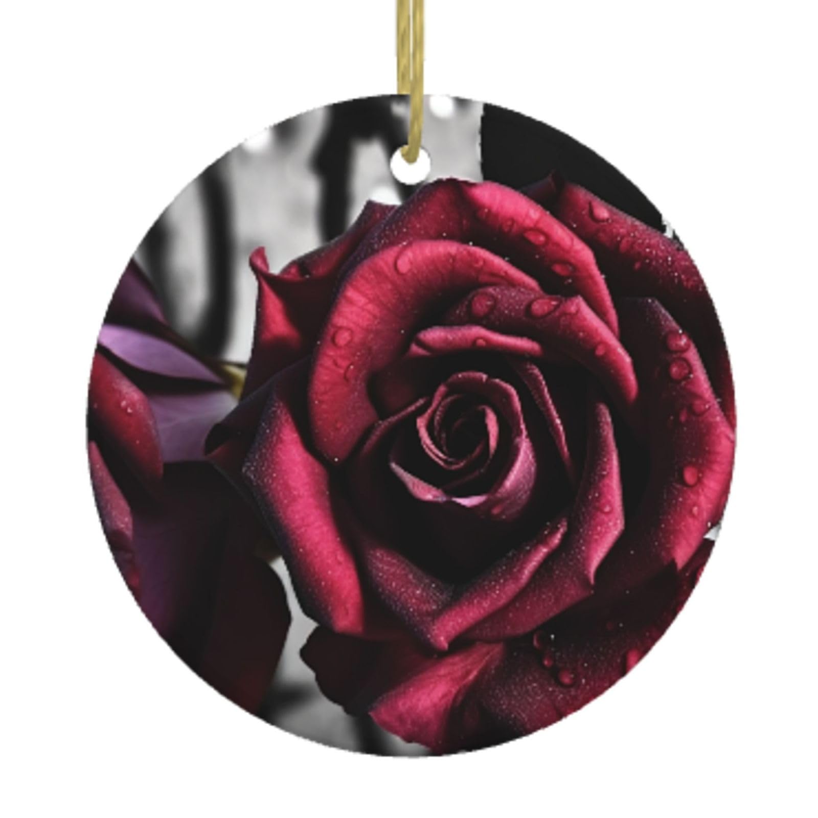 Ceramic Christmas Tree Hanging Ornaments with Gold Ropes Christmas Tree Decorations Round Ceramic Gothic Roses Pendant Keepsake Decorations for Holiday Xmas Gift Ideas