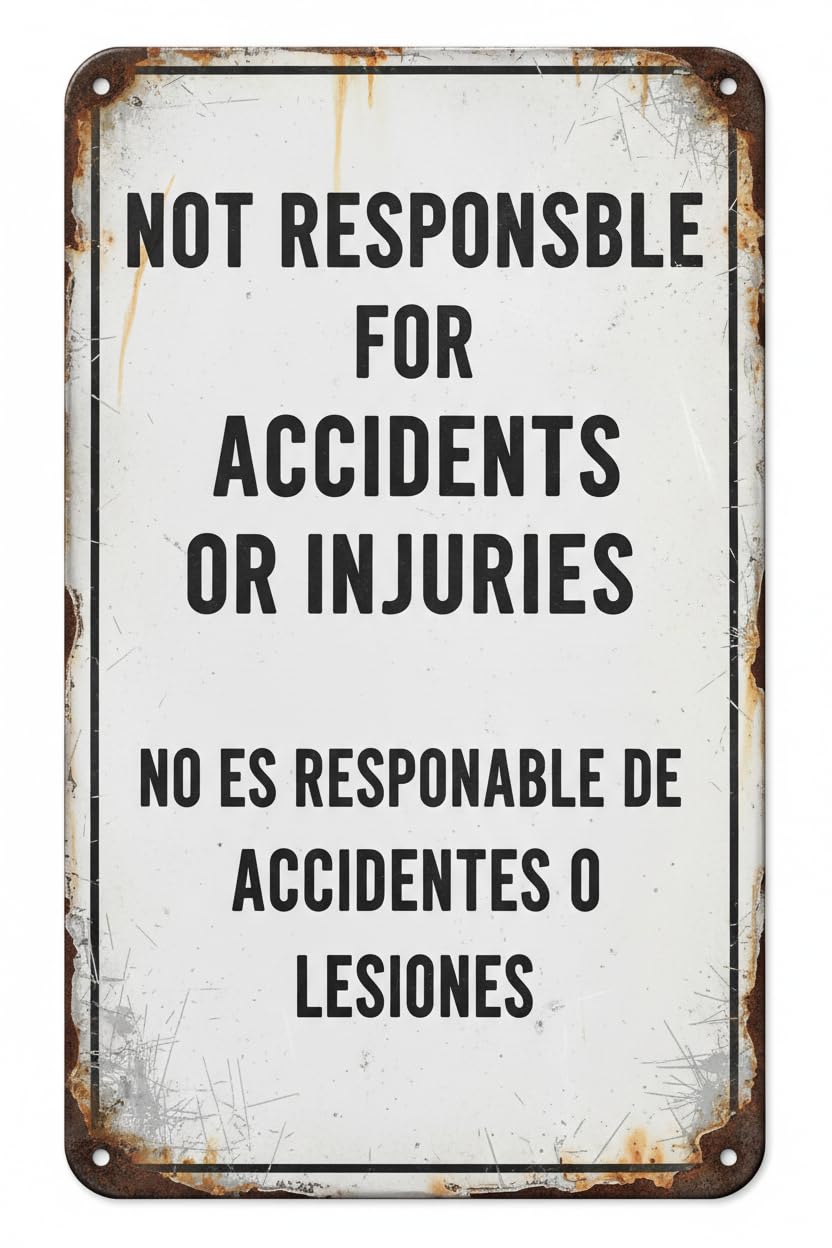 Wall Decor Not Responsible For Accidents Or Injuries Bilingual Sign - Business 8x12InchMetal Sign Plaque For Man Cave, Yard, Indoor Or Outdoor Display Vintage Signs Aluminum Plates Printed