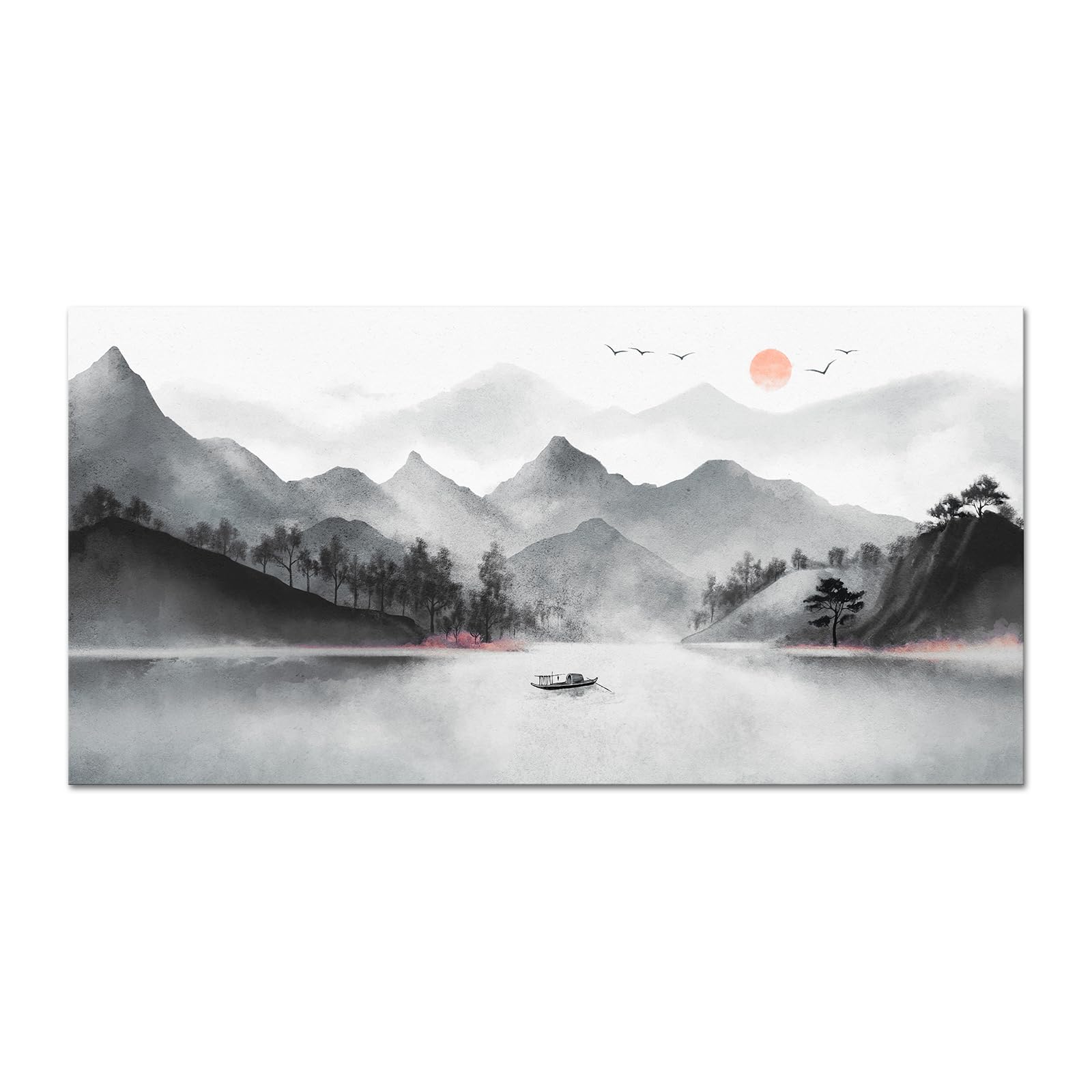 LoveHouseChinese Ink Painting Wall Art Landscape Nature Mountain and Lake Painting Pictures Traditional Asian Artwork Prints