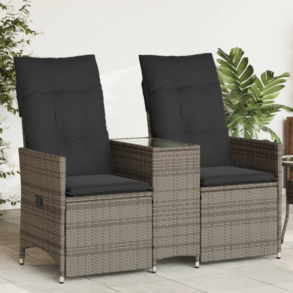 Divano da Giardino 2 Posti con Tavolo, in Polyrattan Grigio, Schienale Regolabile, Set Giardino Esterno, Salotto da Giardino, per Terrazzo e Giardino, Colore Grigio, 130 x 59 x 92 cm