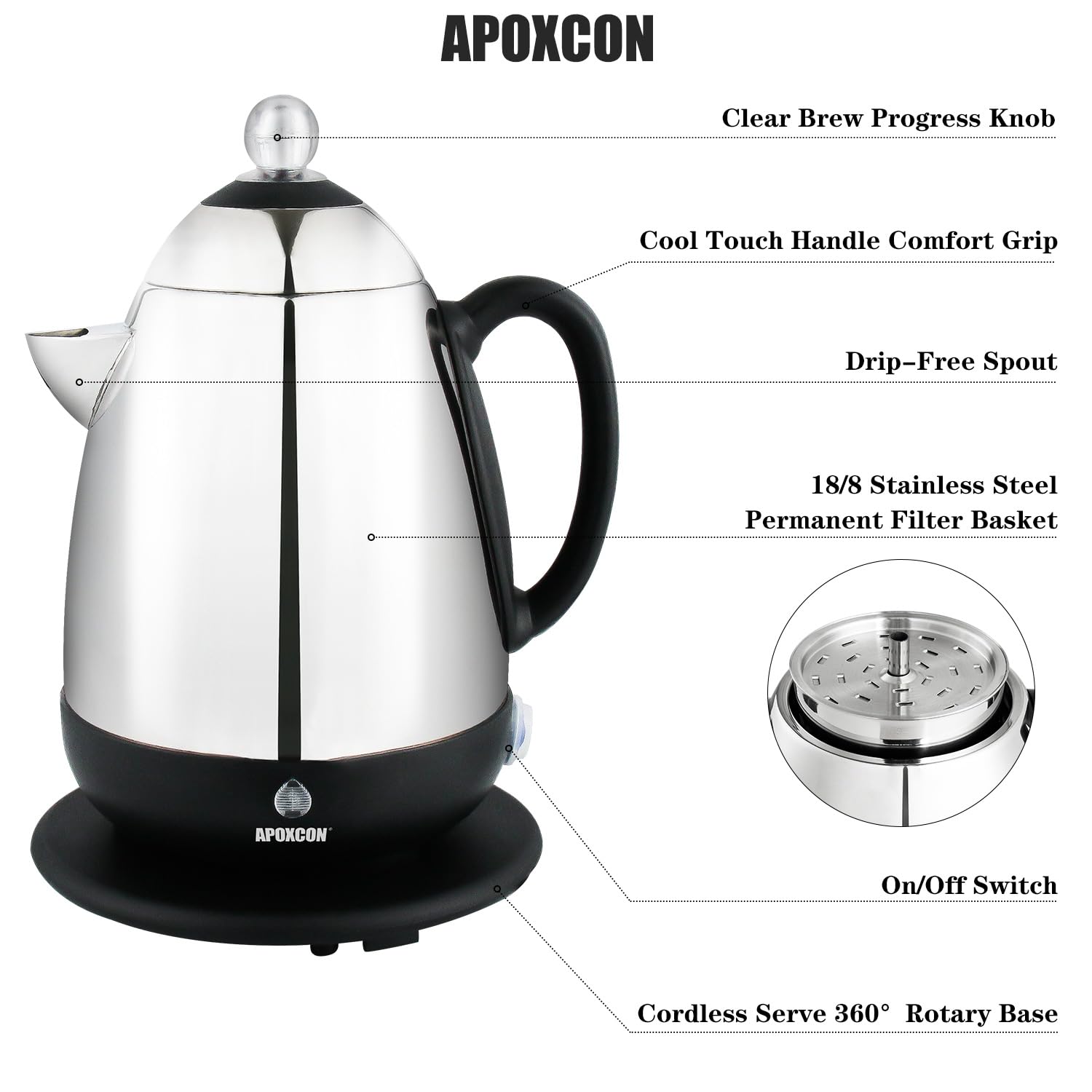 Cafetera eléctrica de acero inoxidable APOXCON 10 tazas inalámbrica