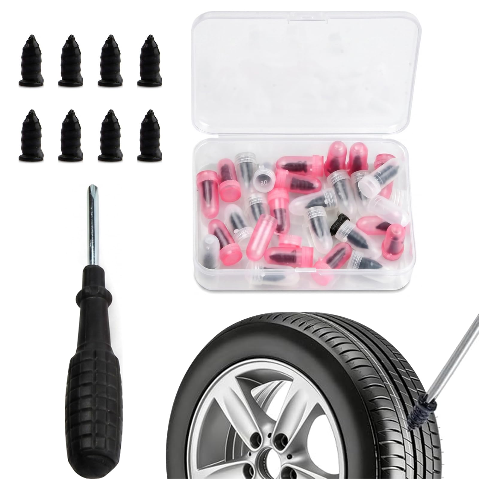 Merzio 31 Pcs Tyre Repair Kit, Fast Self Service Car Puncture Repair Screws with Screwdriver, Universal Rubber Nails Tool for Auto Motorcycle Bike Flat Tire Plug (15 Small and 15 Large)