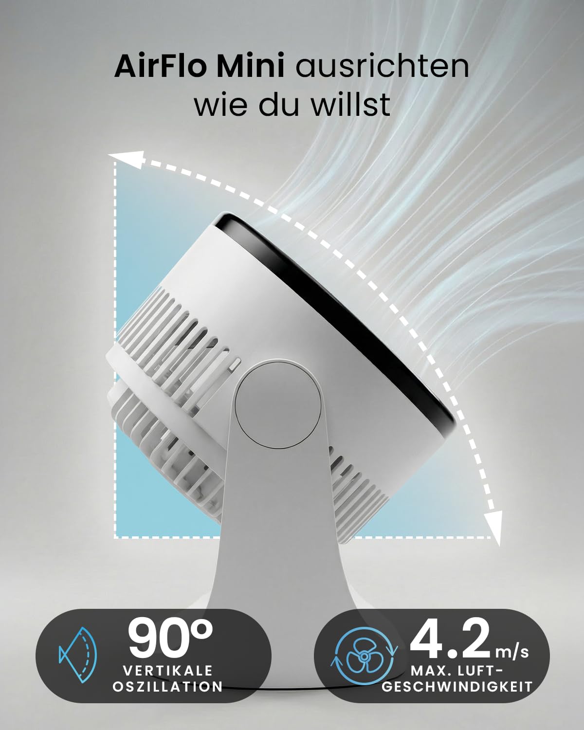 Pro Breeze AirFlo Mini Tischventilator – Leiser Turbo Ventilator 3 Stufen 90° Neigung 4,2 m/s kompakt