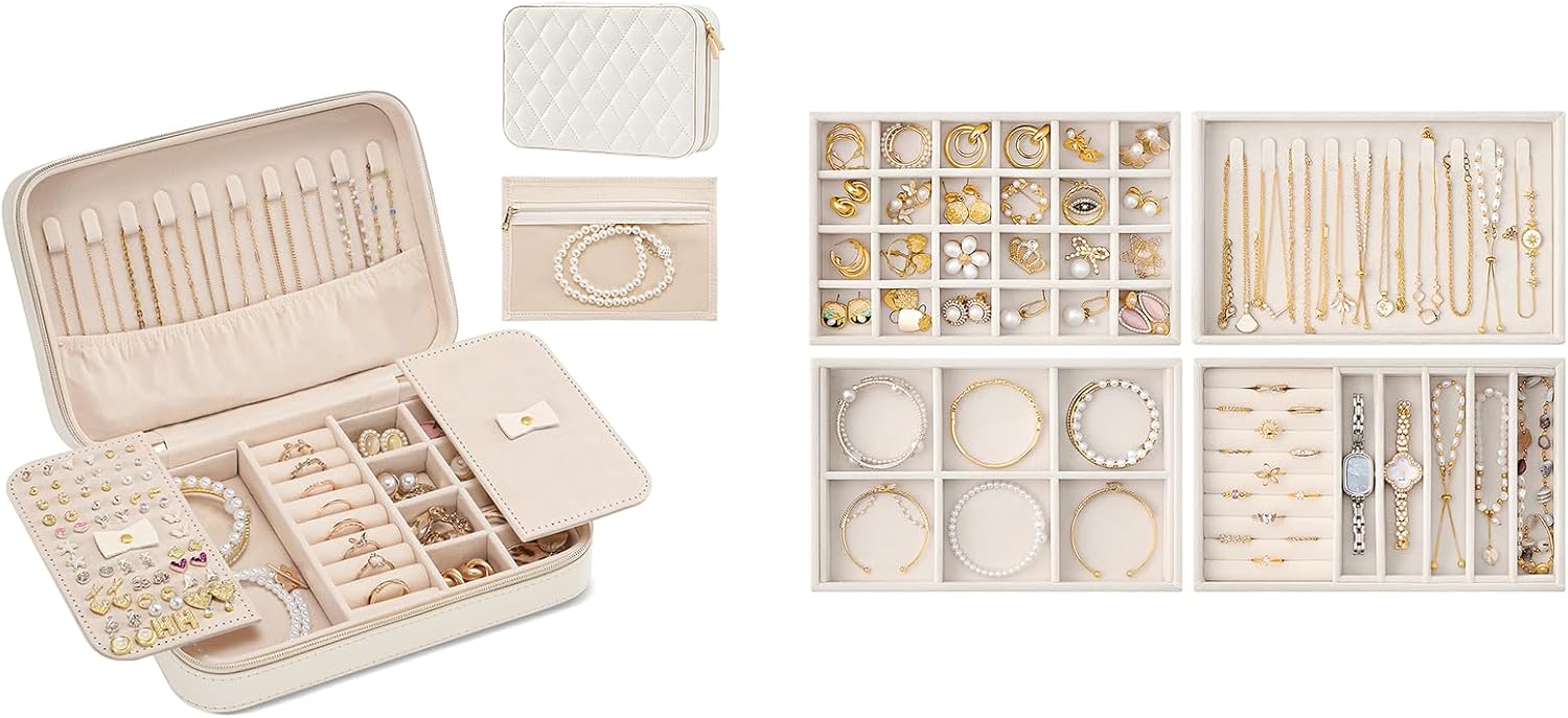 Lolalet Travel Jewelry Case for Women Girls with Mirror & Clear Storage Bag Bundle with Set of 4 Jewelry Tray