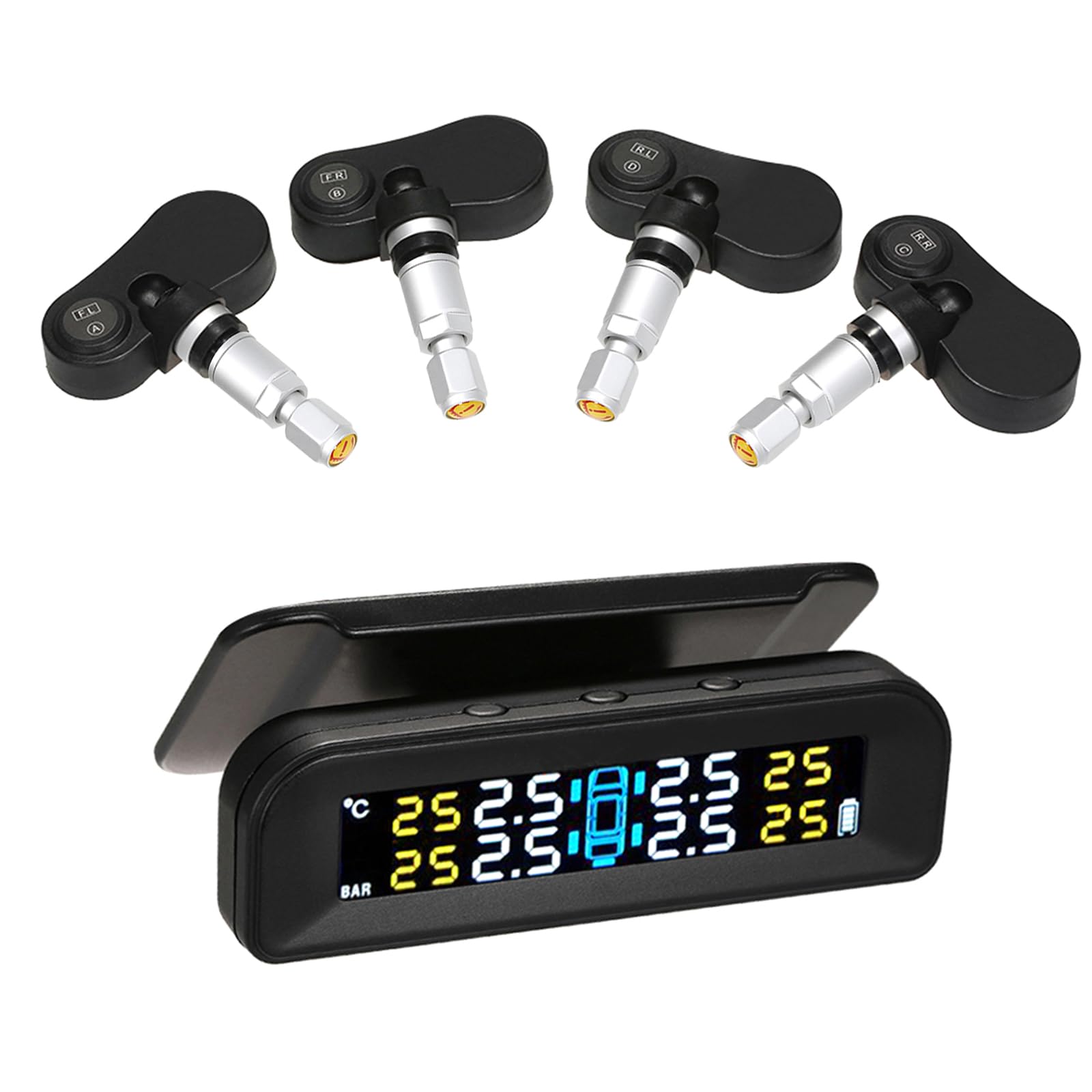 TPMS-Reifendrucküberwachungssystem, kabellos, Echtzeit-Solarenergie, klares LCD-Display, 4 interne Sensoren, Alarmfunktion