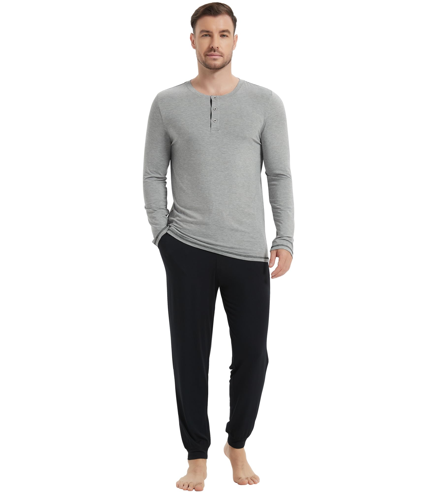NACHILA Pajamas for Men-Viscose Made from Bamboo, Long Sleeve Pajamas Set Comfy Sleepwear Pants Soft V Neck Pjs with Pockets