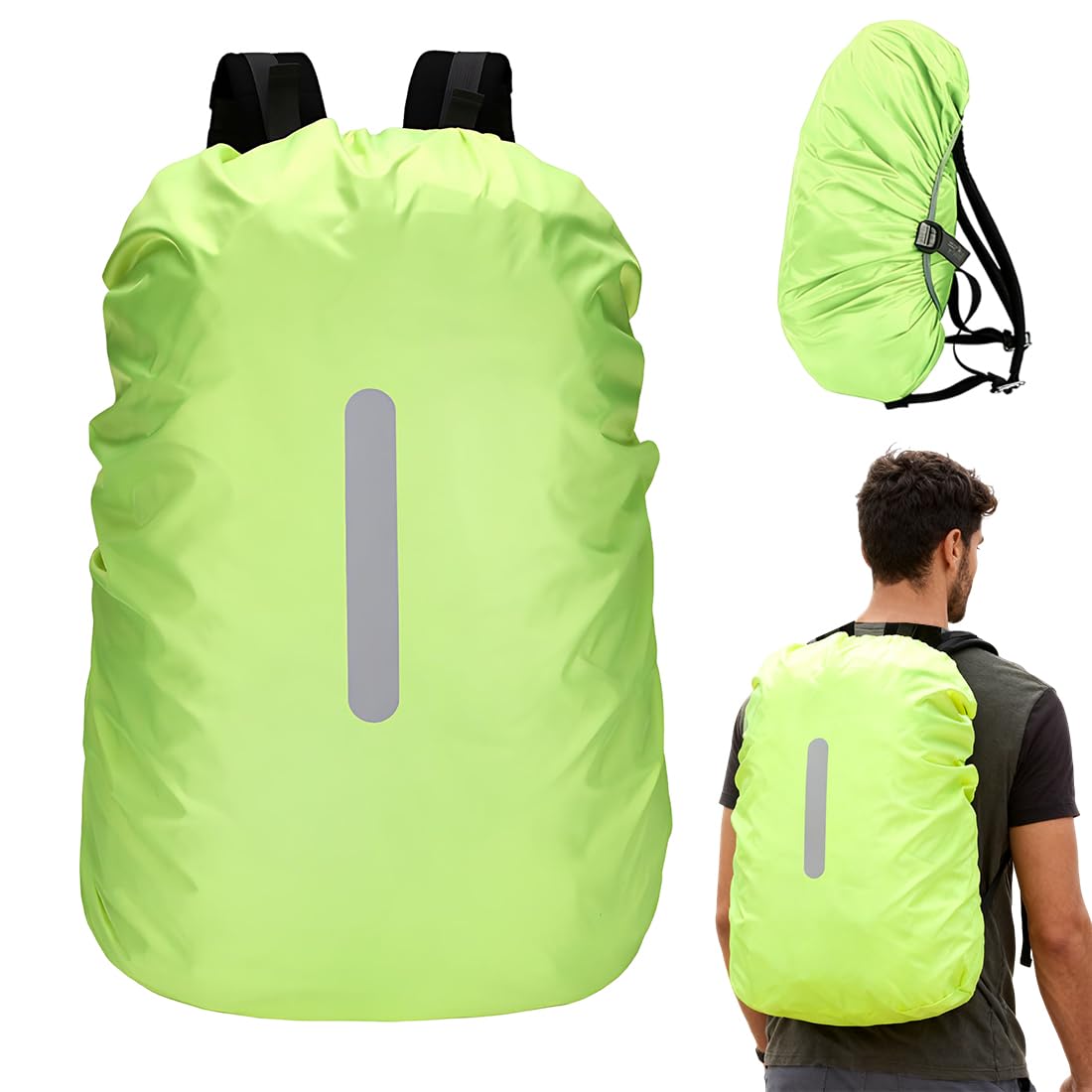 Accessori Per Zaini, Copri Zaino Antipioggia Con Strisce Riflettenti, Taglia 15-25L, Colore Verde Fluorescente, Impermeabile, 1 Pezzo