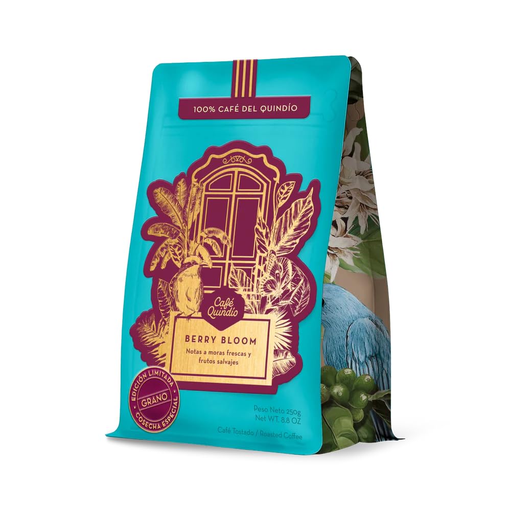 Café Quindío Cafe De Especialidad En Grano - 100% Arábica Colombia | Origen único, SCA 87, tueste medio, ideal para cafetera goteo, prensa francesa, Chemex o V60 (250 g, Berry Bloom)