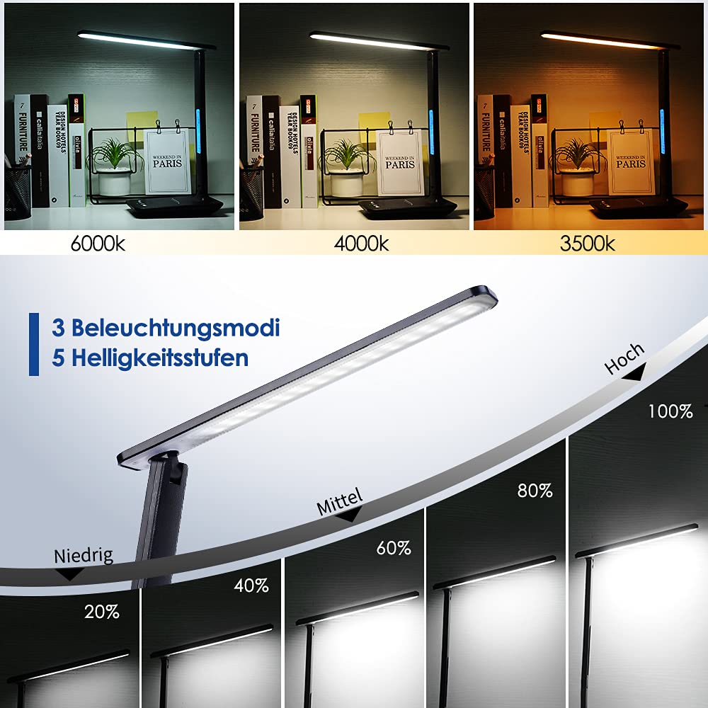 LED Desk Lamp with Wireless Charger, USB Charging Port, Desk Lamp with Clock, Phone Holder, 5 Brigntness x 3 Colour Modes - Image 4
