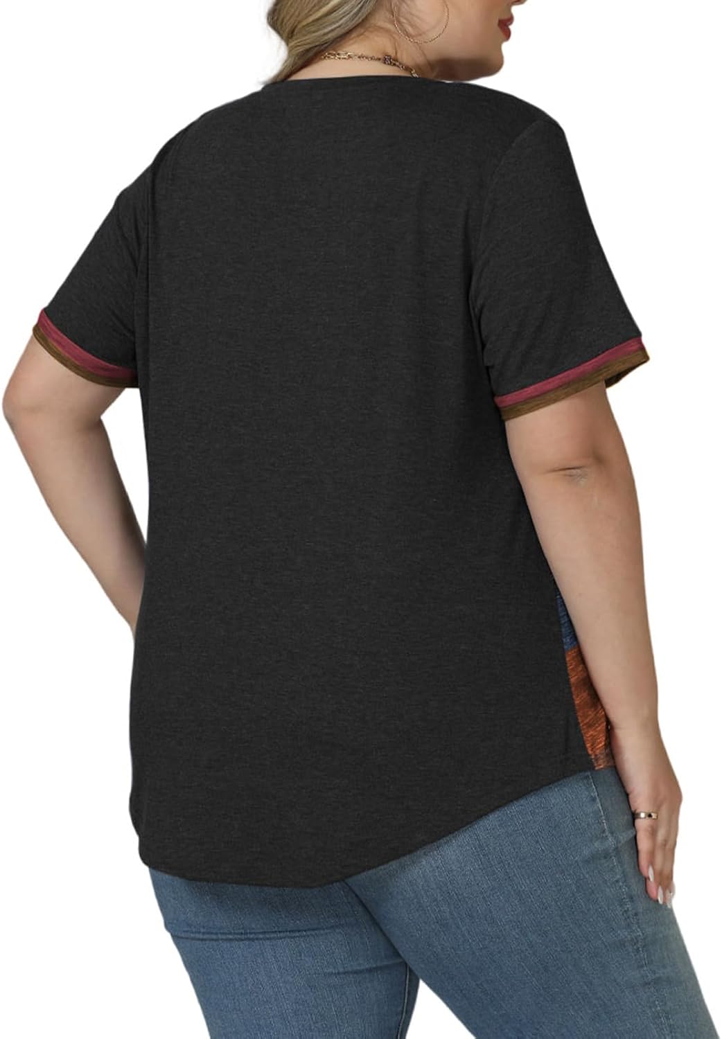 VISLILY Womens-Plus-Size-Summer-Tops Dressy V Neck T Shirts Trendy Striped Color Block Short Sleeve Buttons Up Blouses Tunics - Image 5