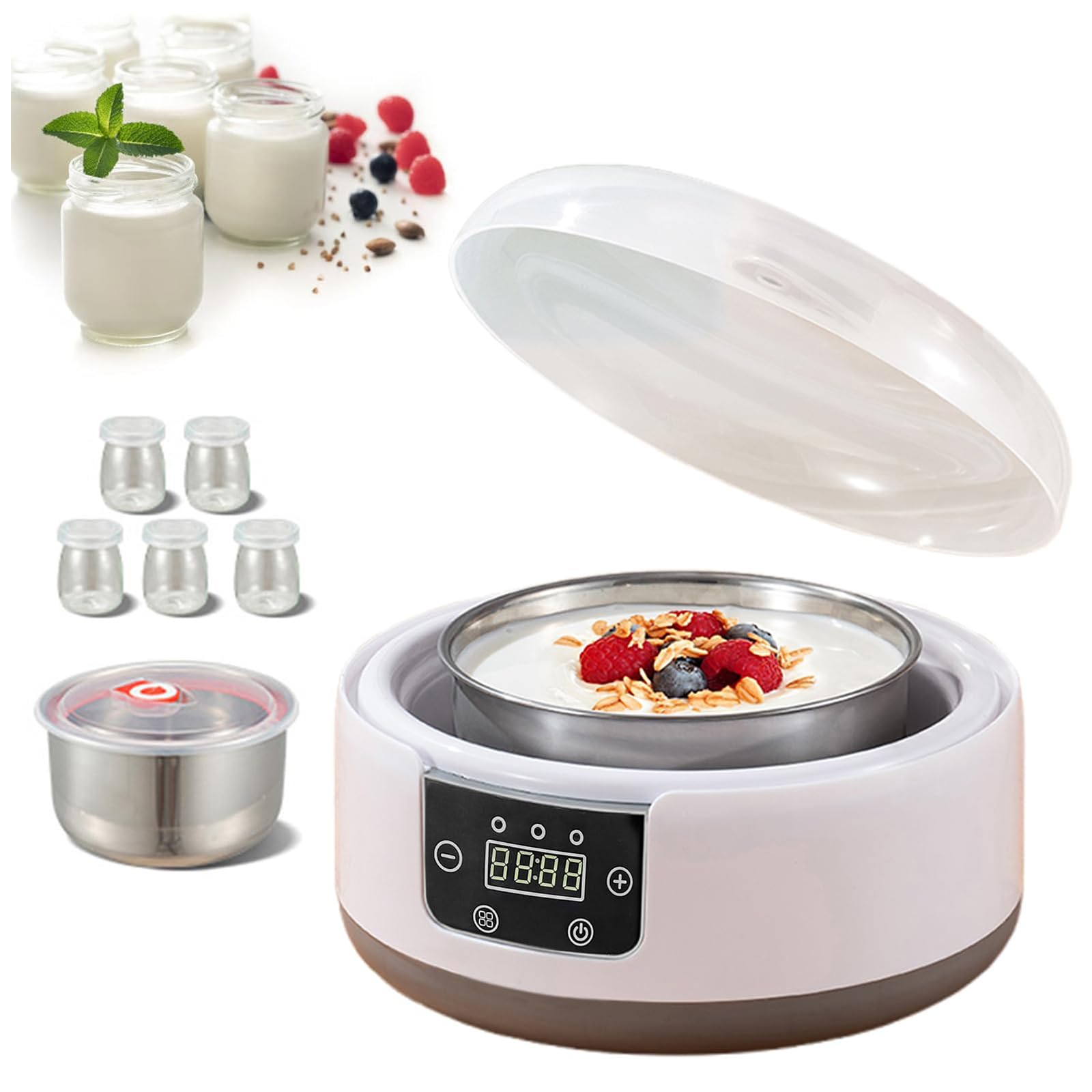 Yogurtiera per Yogurt Probiotico, Macchina Automatica per Yogurt | Yogurtiera con controllo di temperatura e tempo, yogurtiera con vasetti in vetro per yogurt greco e vegano fatto in casa