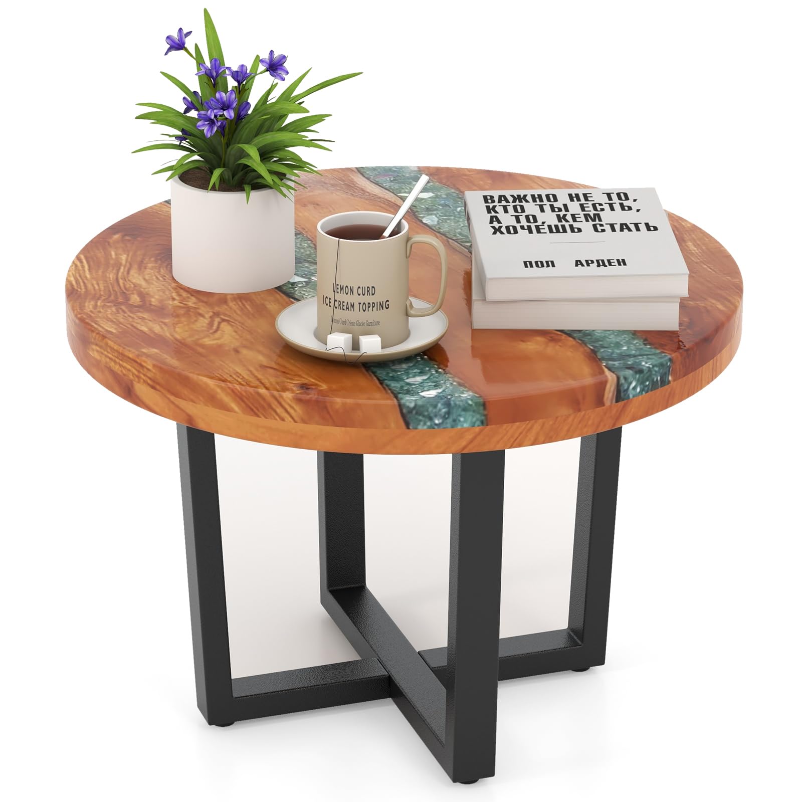 Giantex 24” Teak Wood Outdoor Side Table - Round End Table with Epoxy Resin Tabletop, Solid Live Edge, Mahogany Base, Rustic Sofa and Couch Side Table