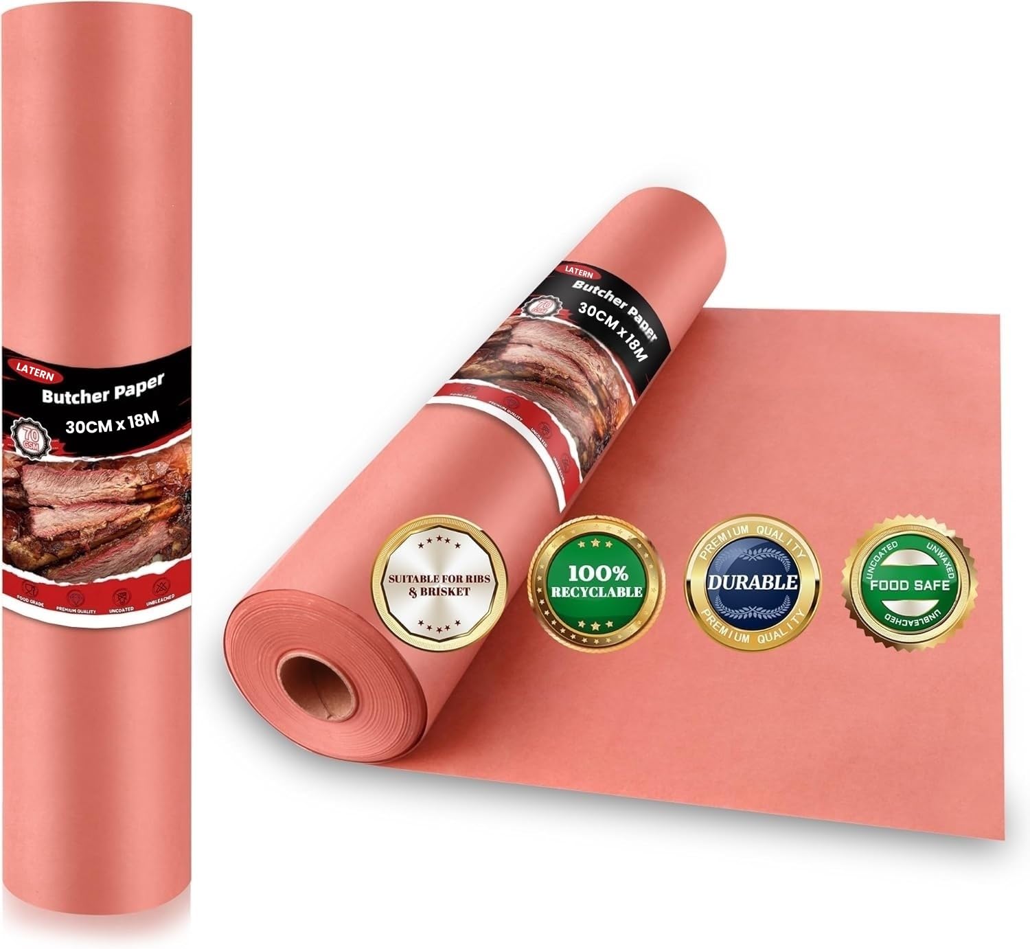 LATERN Rotolo di Carta da Macellaio, 30CM x 18M Carta Kraft per Uso Alimentare Non Sbiancata Non Cerata Non-Patinata Cartas da Macellaio per Affumicatore Barbecue Grigliate Affumicatura Cottura Carni