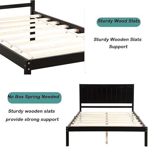 Miniatura 4 de Base de cama de plataforma de tamaño matrimonial con cabecera de madera, marco de cama clásico con soporte de listones de madera, no necesita