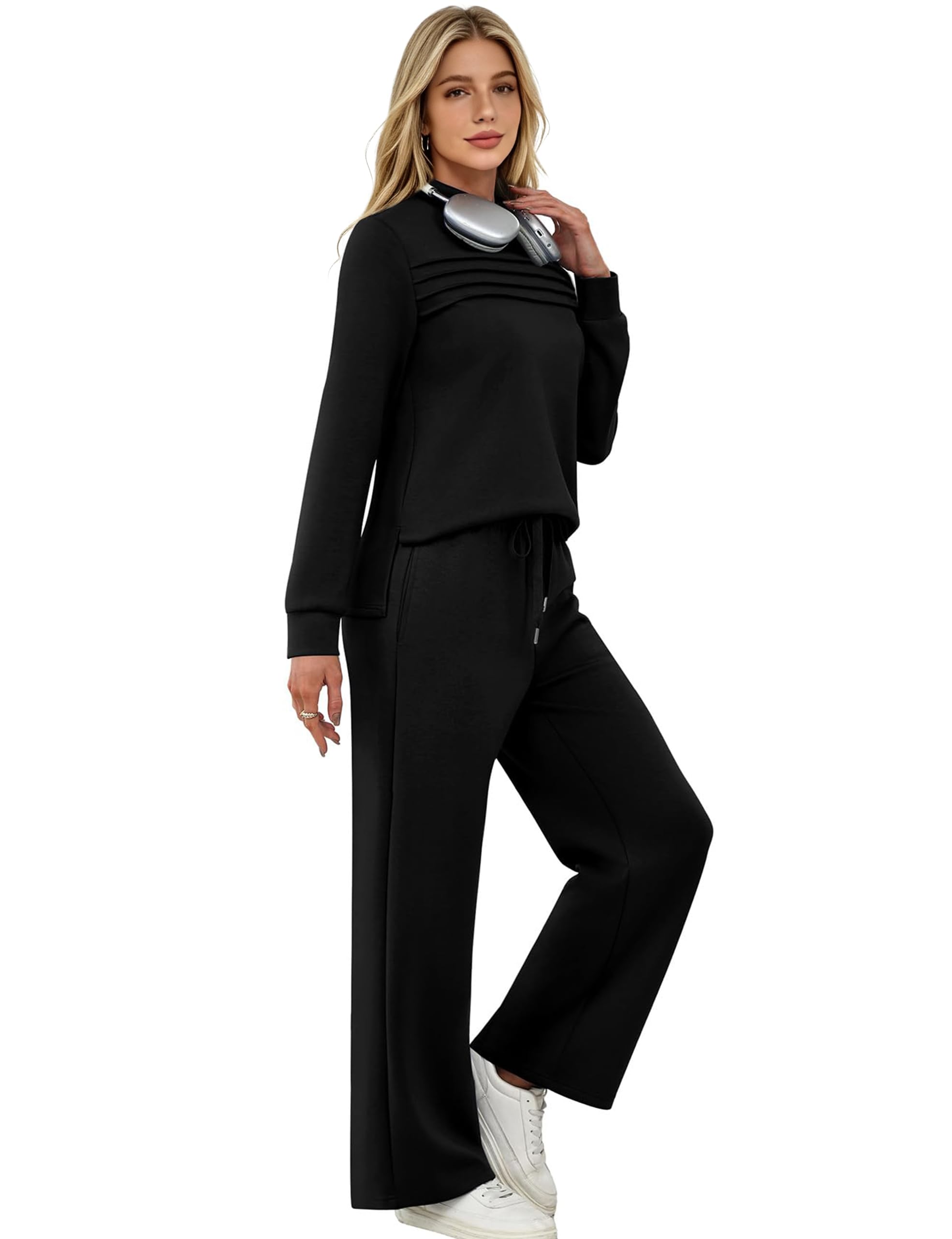 Desol Pantaloni da donna a due pezzi, a maniche lunghe, a gamba larga, per