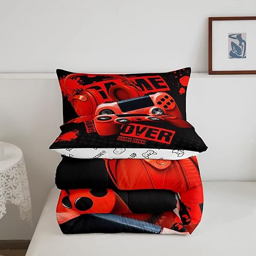 Miniatura 5 de Juego de edredón de videojuegos para niños, tamaño individual, color rojo y negro, juego de ropa de cama de videojuegos para niños, niñas y