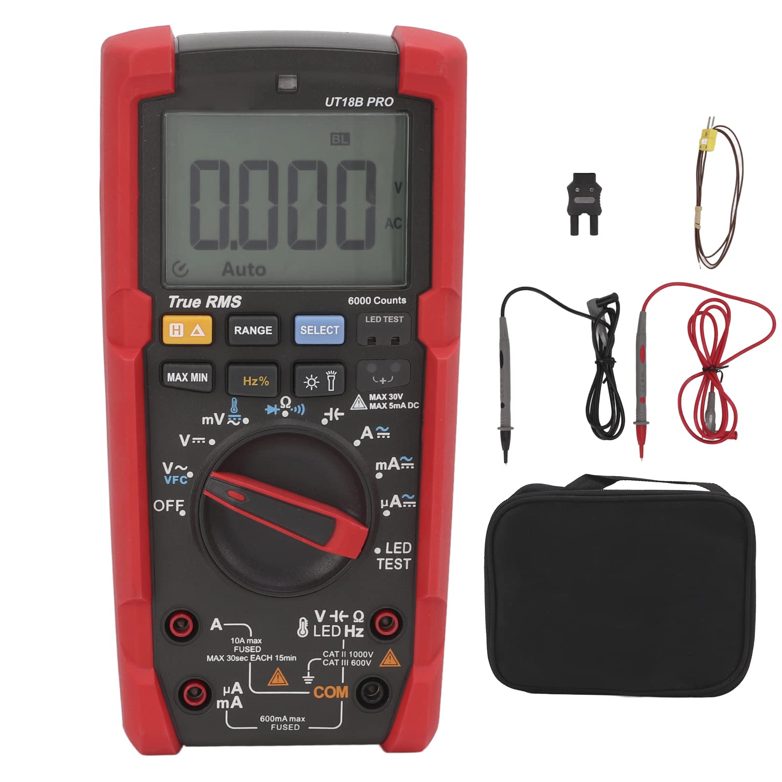 Multímetro digital de 6000 cuentas, voltímetro automático, probador de voltaje True RMS AC DC con pantalla LCD grande, carcasa antivibración ABS para pruebas eléctricas industriales