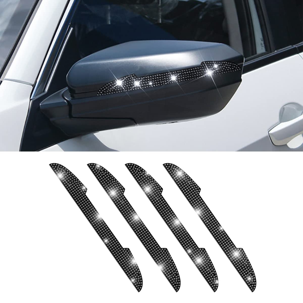 4 Pcs Bling Rhinestone Scratch Protector for Side Rearview Mirror, Universal for All Vehicles, SUVs, Door Edge, Exterior Accessories for Women Men (Black)
