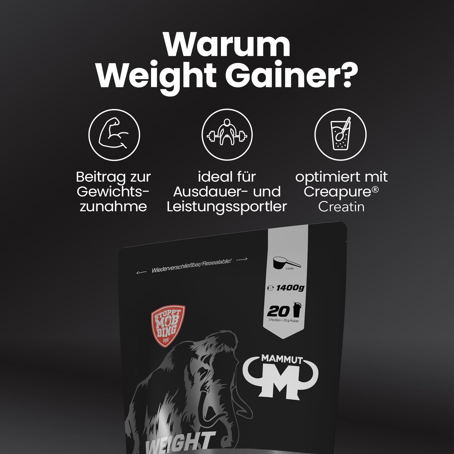 Mammut Nutrition Crash Weight Gainer Pulver Chocolate – 1400 g – 518 kcal/Shake für Gewichtszunahme – 80% Kohlenhydrate – 4-Komponenten Protein – Ideal für Ausdauer- und Leistungssportler