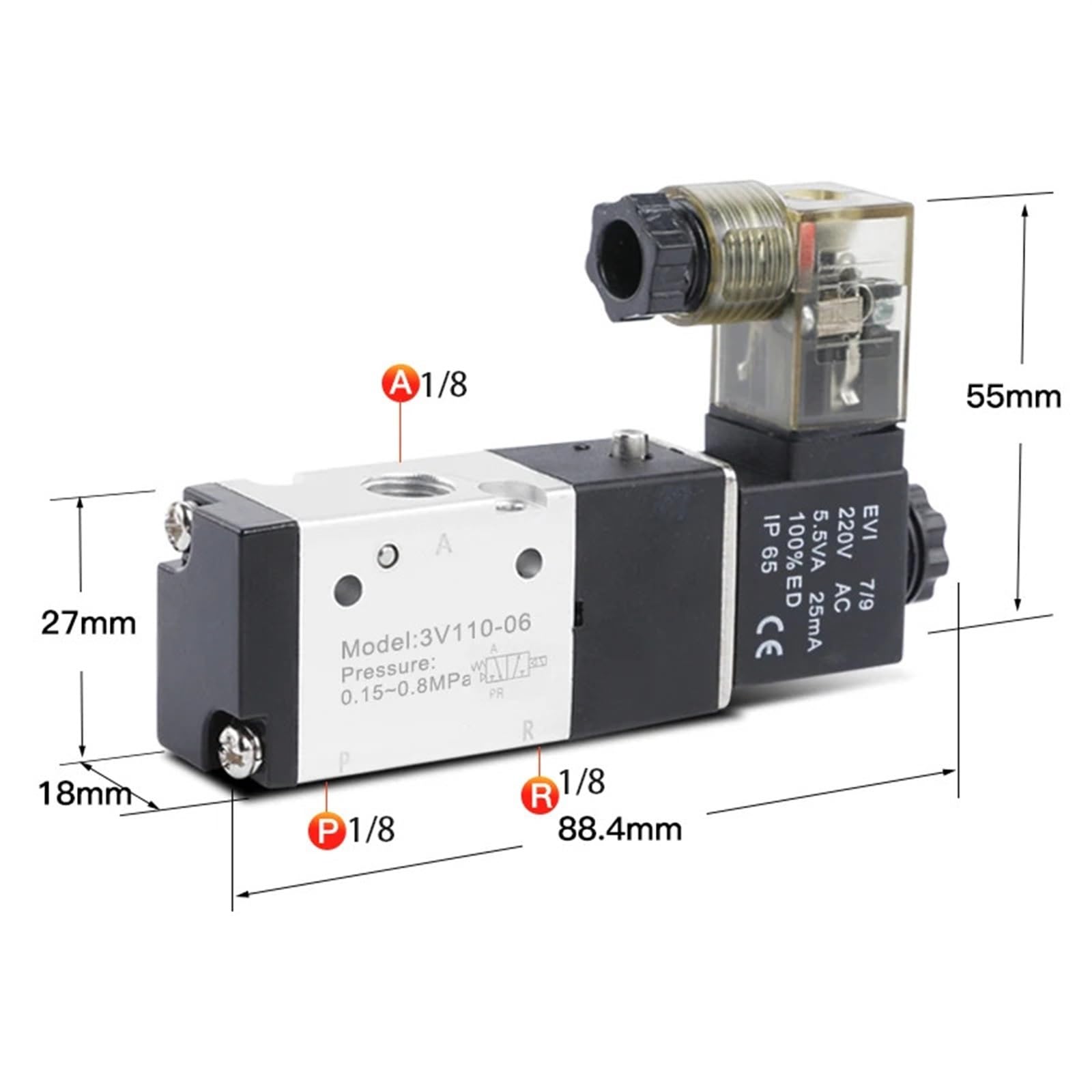 3V110-06 Válvula solenoide de 12 V y 1/8", válvula de Control de Aire neumática de 3 vías, válvula magnética de Gas eléctrica, Cuerpo de Aluminio(Wire W 12mm Fitting,DC12V)