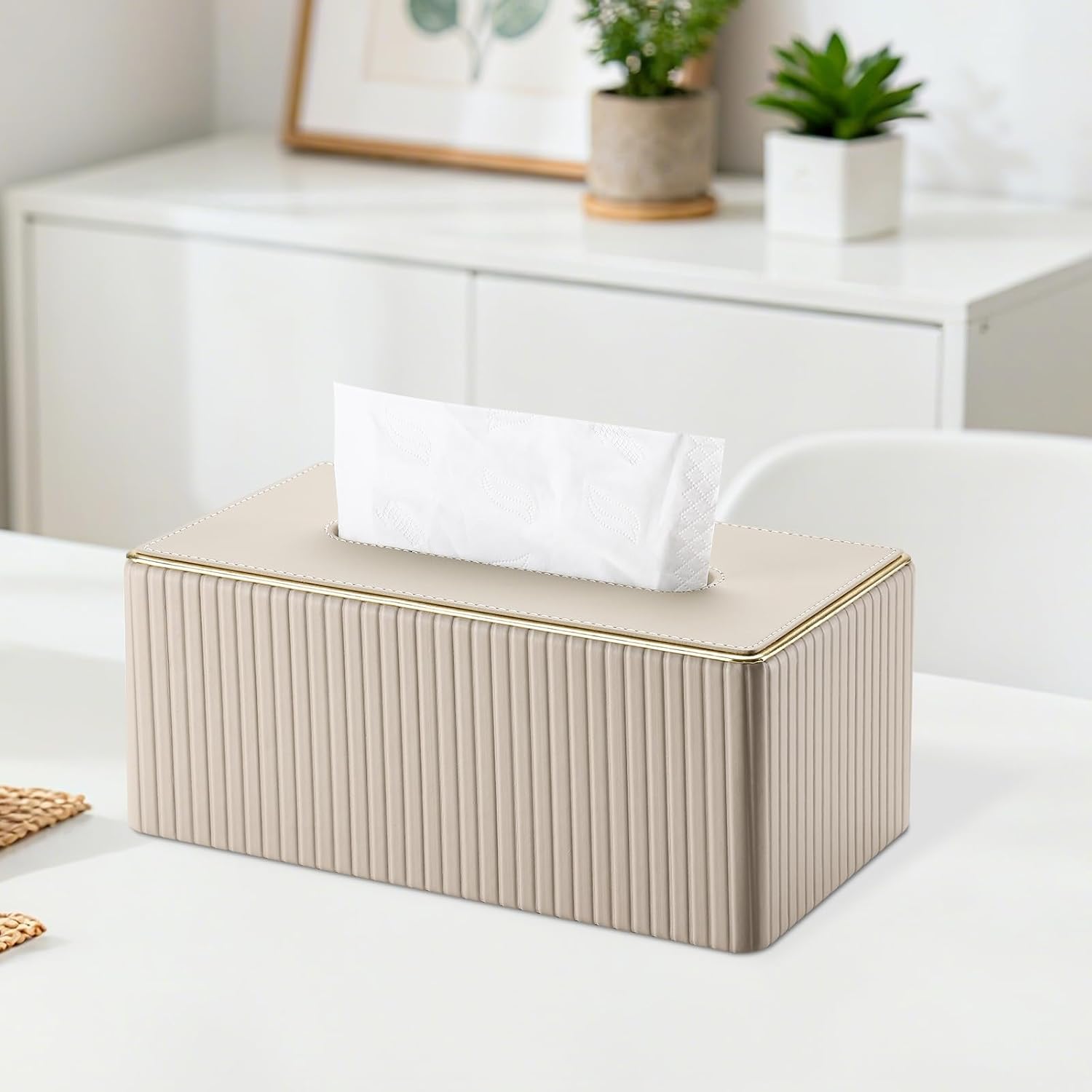 KINGFOM Rectangular Tissue Box Cover, PU Leather Tissue Box Holder with Magnetic Bottom, Napkin & Facial Tissue Holder Dispenser Decorative Box Cover for 120-count (3-Ply) 160-count (2-Ply) Beige