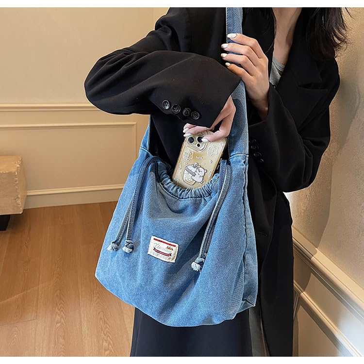 Vintage Denim Tote Bag - Drawstring Crossbody Purse, Retro Washed Canvas Shoulder Handbag2