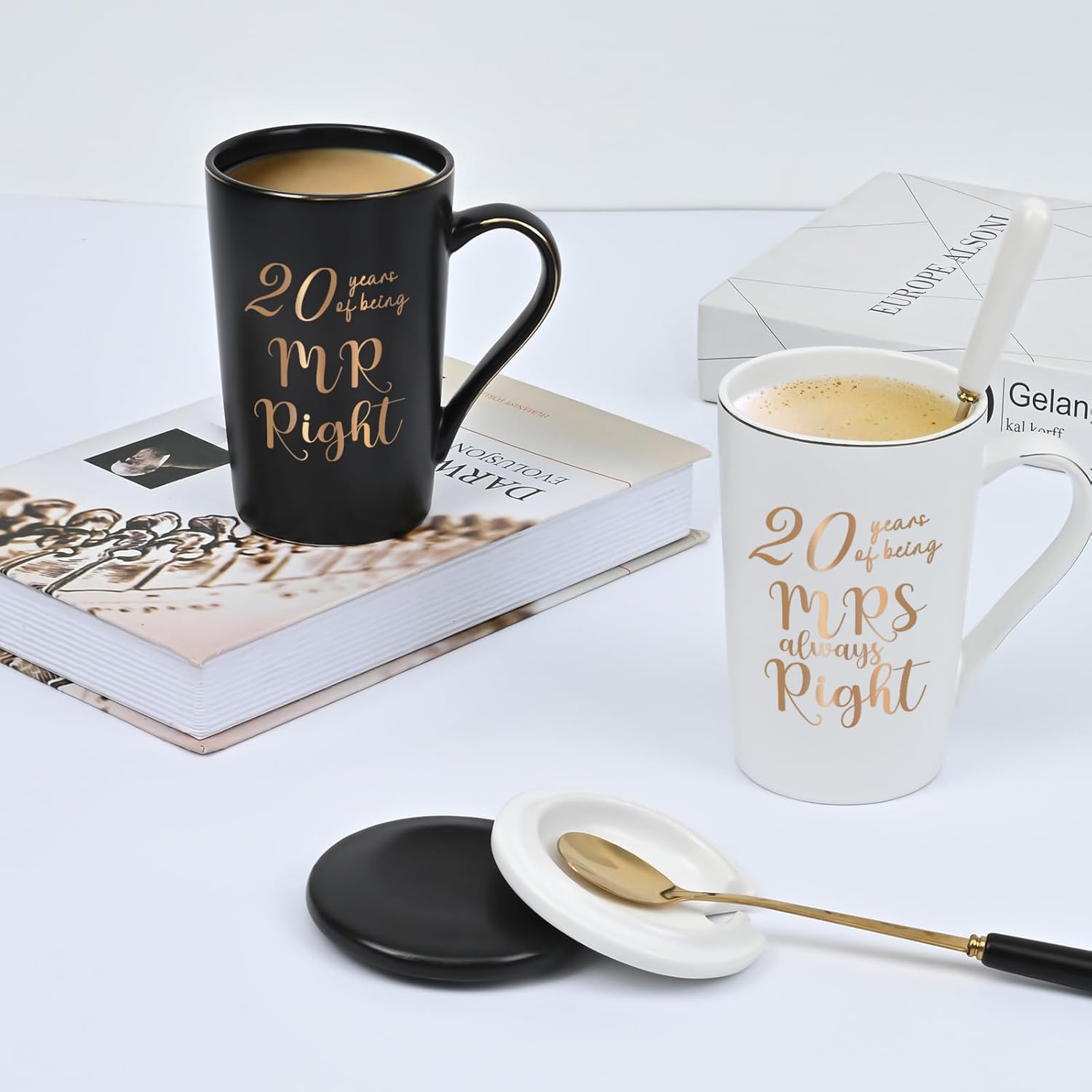 YHRJWN 20 Year Anniversary Presents, 20th Anniversary Presents for Couple Parents, 20th Wedding Anniversary Presents, 20th Mr & Mrs Always Right Coffee Mugs, 14 Oz with Coasters, Spoons and Gift Box - Image 3