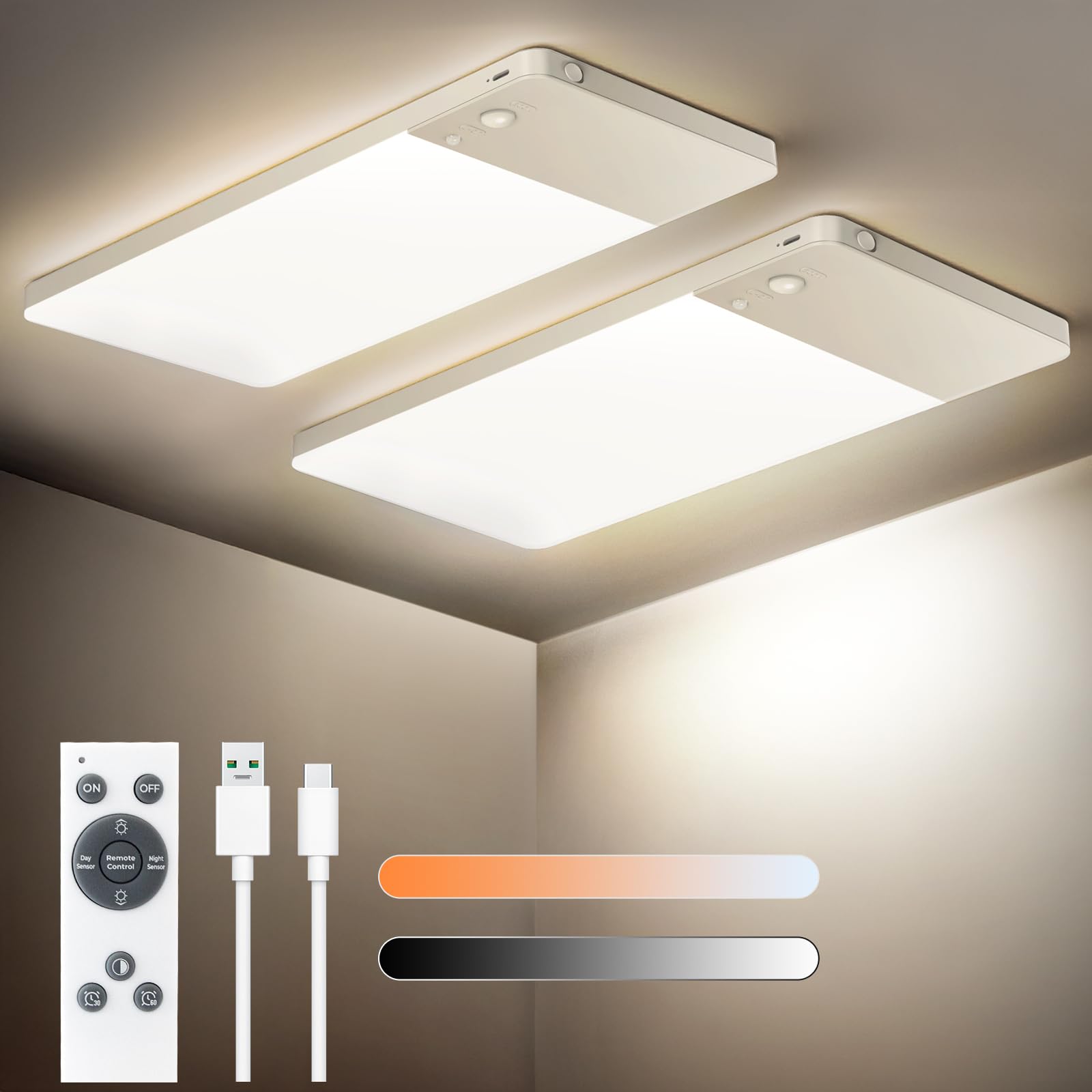 Lámpara de techo LED con detector de movimiento y mando a distancia, regulable e inalámbrica, lámpara de techo con batería de 12000 mAh, duración ultra larga para escaleras, pasillos, garaje (2)