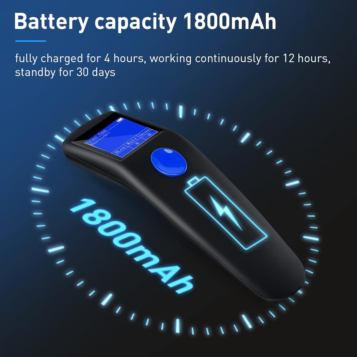 Illustration of the JRHC barcode scanner with a battery icon and '1800mAh' text, indicating its battery capacity.