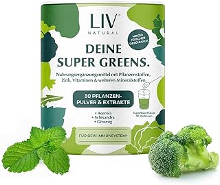 LIV Super Greens Pulver | 30 Pflanzenstoffe, mit Prä- & Postbiotika | Ohne Zucker, Süßstoffe oder Apfelsaftpulver | Frisch-minziger Geschmack | Für die Verdauung & Immunsystem