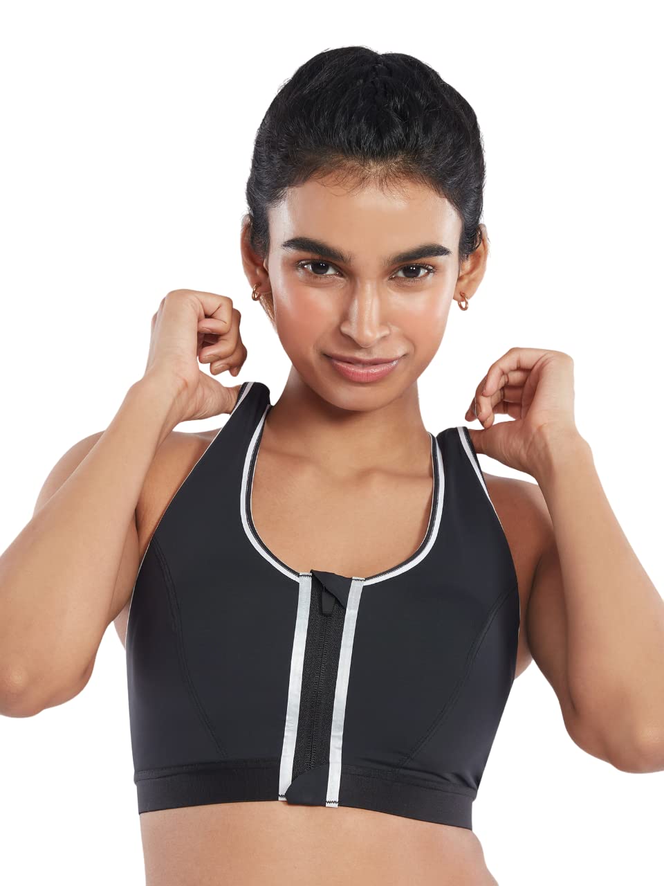 nykd by Nykaa Stylish High-Impact Everday Sports Bra for Women, Front Zip Closure, High Support, Removable Cookies, Racer Back - NYK303 (Black,32DD)-picture-26