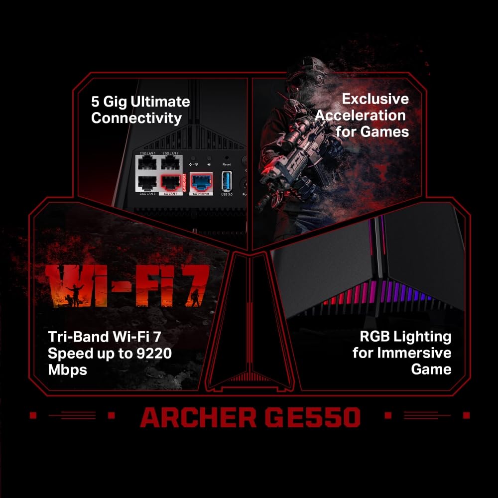 TP-Link Archer GE550 – Wi-Fi 7 BE9300 Router gamingowy Gigabit z 3× portami 2.5G i 2.5G WAN, 4× porty Gigabit LAN, 160 MHz, VPN, OFDMA, MU-MIMO – idealny do streamingu 4K/8K, gier w chmurze