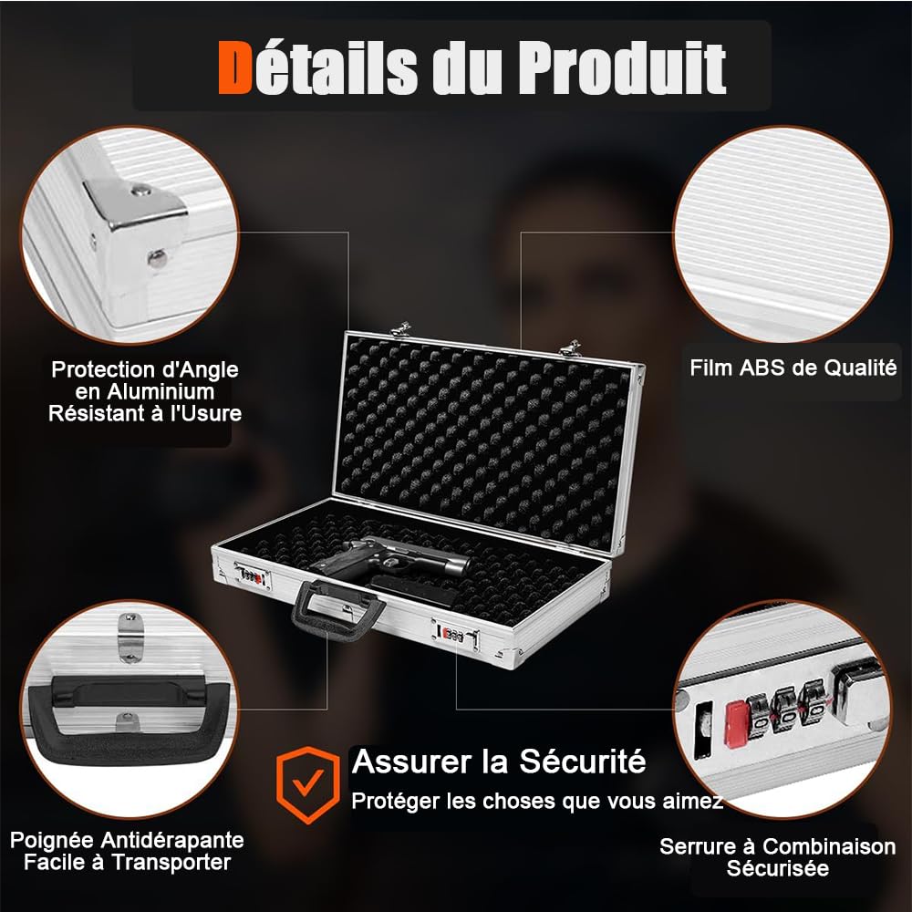 SOARS Mallette pour Arme, Malette Outils 47 X 25 X 8,3 CM en Aluminium, Verrouillable avec Serrure à Combinaison, Mousse Amovible, Poignée Ergonomique, Valise pour Pistolet Airsoft, Accessoires