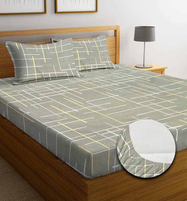 NEW LEAF Premium Cotton Elastic Fitted Bedsheets with 2 King Size Pillow Covers | Double Bed with All Around Elastic 220 TC Supersoft | Size - 72 King Sizex78+10 inches | Dark Khakhi