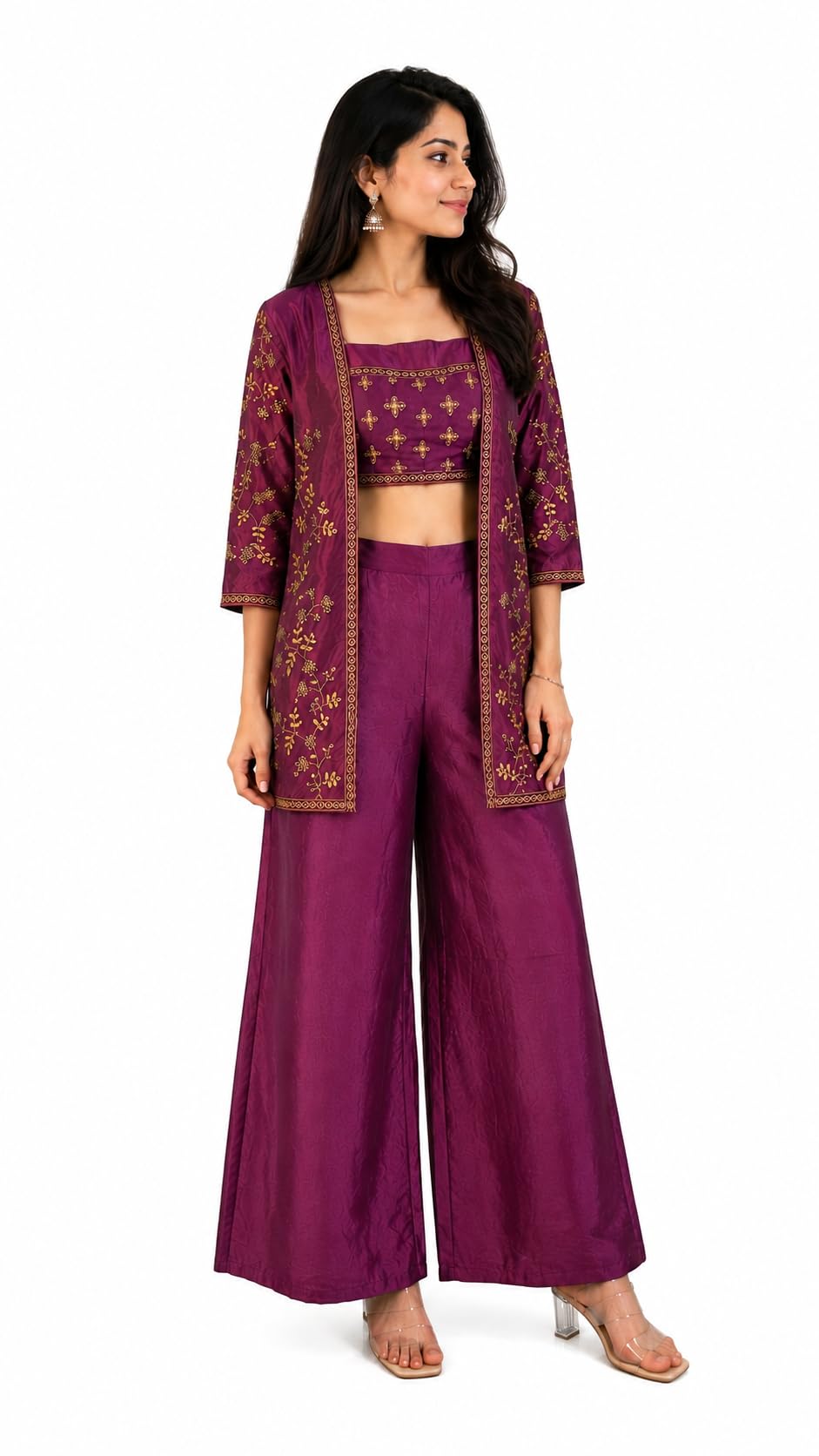 FEMANI Women's Embroidered Crop Top Palazzo Set with Embroidered Shrug Jacket-picture-32