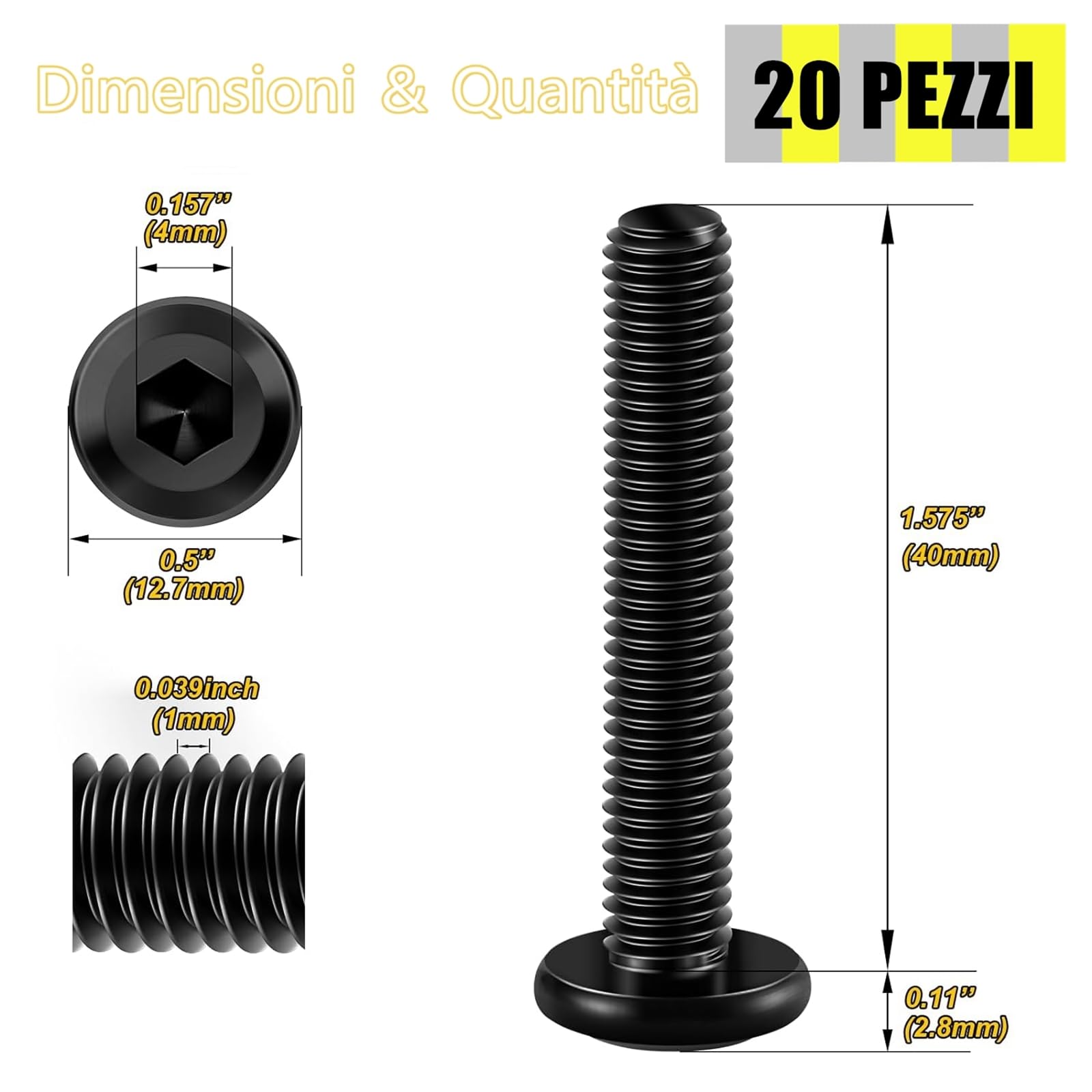20 viti a testa piatta M6 x 40, esagono incassato in acciaio inox A2 V2A, filettatura completa in ossido nero con chiave esagonale