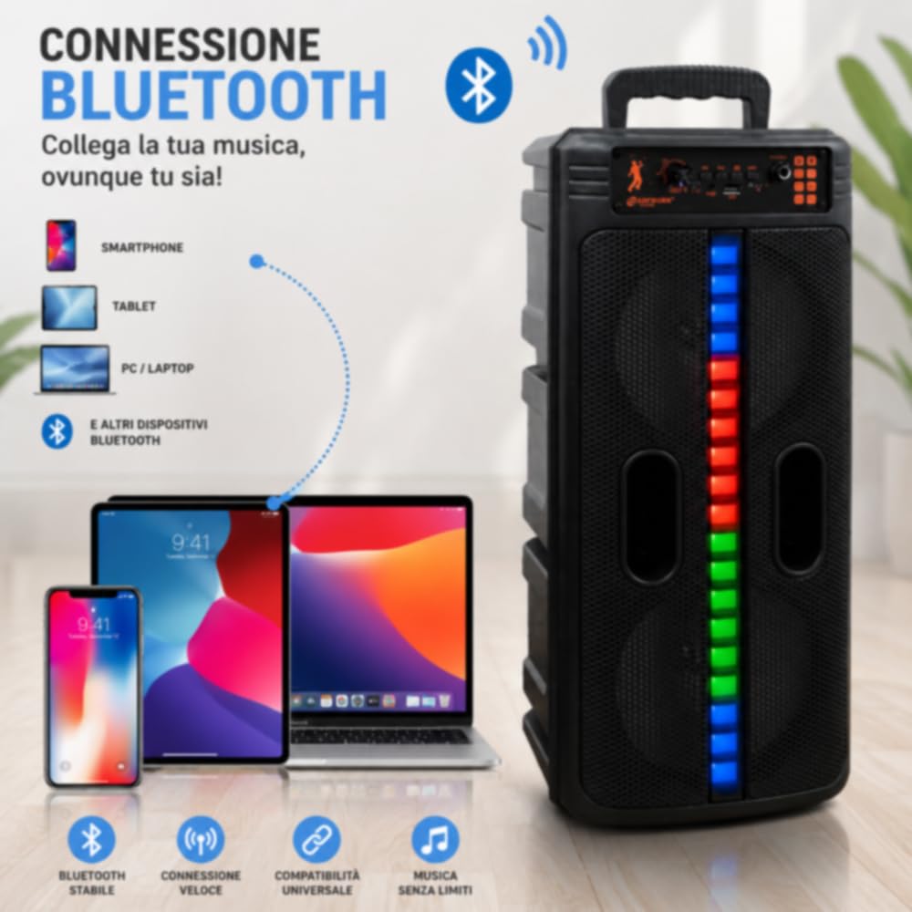 Vetrineinrete® Cassa Bluetooth Ricaricabile 20W RMS con LED RGB | 70W PMPO, Radio FM Integrata, Ingresso USB e SD, Tecnologia TWS, Display LED