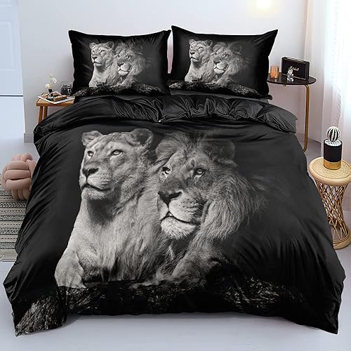 Vista 21 de Juego de funda de edredón con leones negros, juego de cama con fundas de almohada, tamaño king, queen, individual, doble, animal, textil