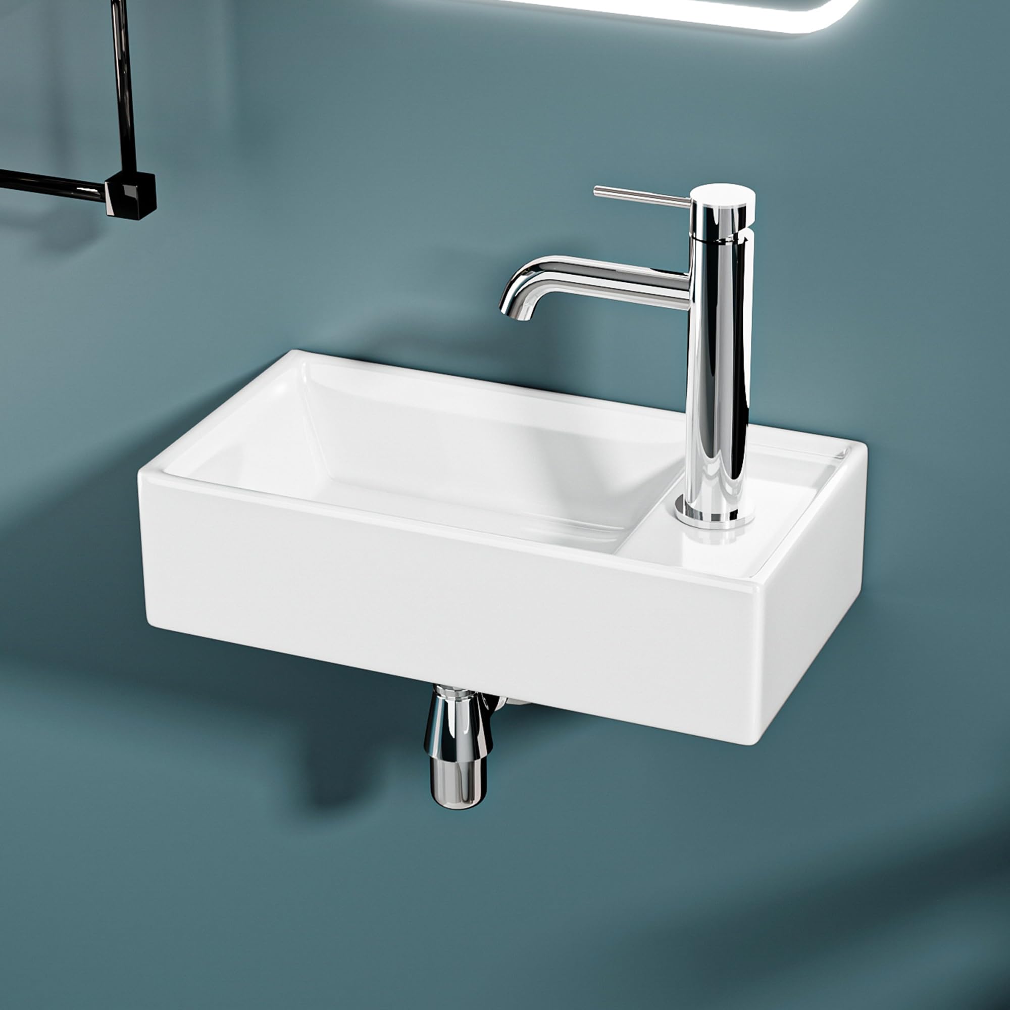 Lavaplatos de mano con borde de salida recta, 41,5 x 22 x 10 cm, lavabo de cerámica blanca brillante, ideal para inodoros y baños de agua, diseño moderno y elegante